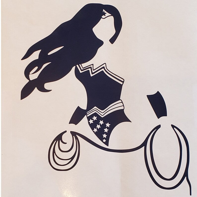 Linda Carter with Lasso Silhouette Decal + BONUS Mini Sticker for Truck, Car, Van, Locker, Cubicle, Tablet, glass, metal or plastic