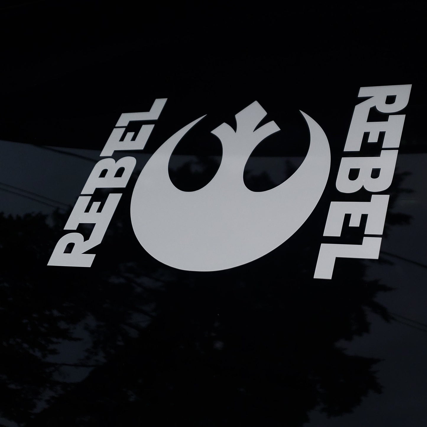 Jedi Rebel Starbird Insignia Sticker Decal Car, Van or Truck - Word Rebel displayed twice w/ Rebellion's Star Bird logo icon at center