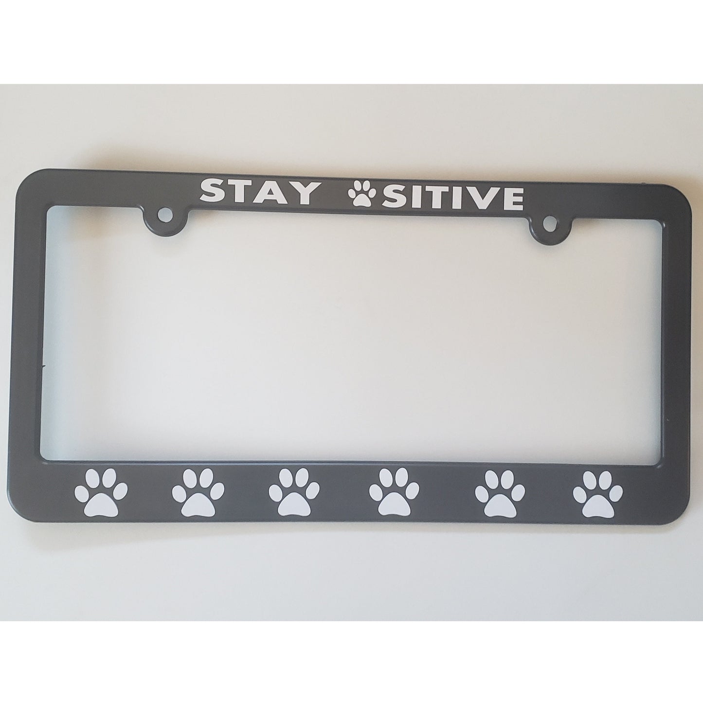 Paw Print Trail "STAY PAWSITIVE" Positive License Plate Frame + BONUS Decal, Universal Fit Dog Lover's Vehicle Accessory