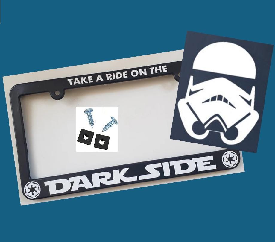 Take a Ride on the Dark Side Vanity License Plate Frame + Bonus Decal, First Order Imperial, Sci-Fi Galactic Aviator, Universal Fit, Novelty