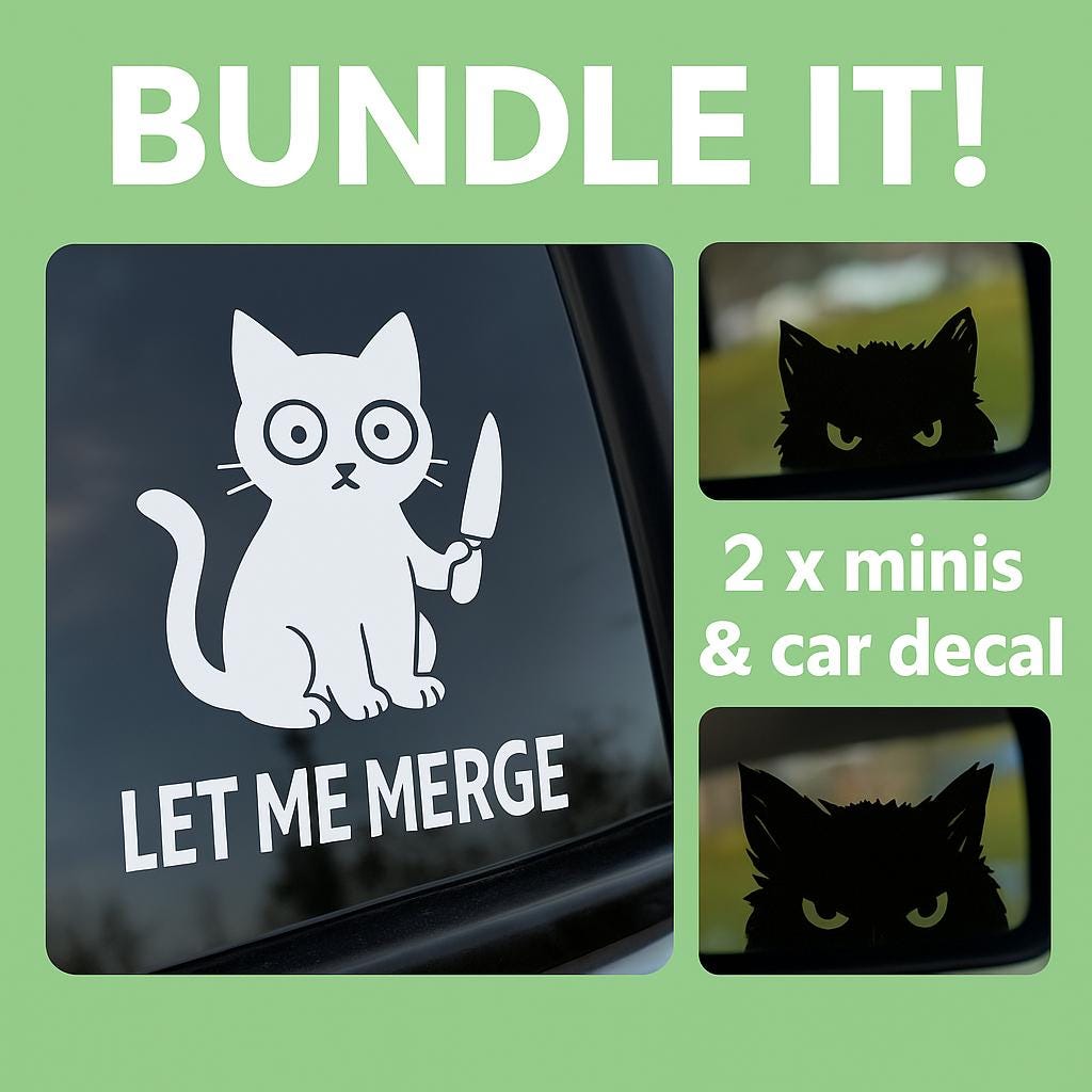 Surprise Cat Eyes Peeking Sticker & Let Me Merge Funny Kitty Decal Bundle for Car Mirror, Window, Laptop, Tumbler, Water Bottle, Feline Fans